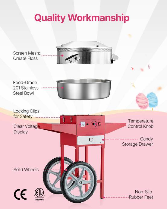 VEVOR Machine barbe à papa avec chariot, 1000 W, bol inox 52 cm. Commerciale, fêtes, rouge. - Image 5