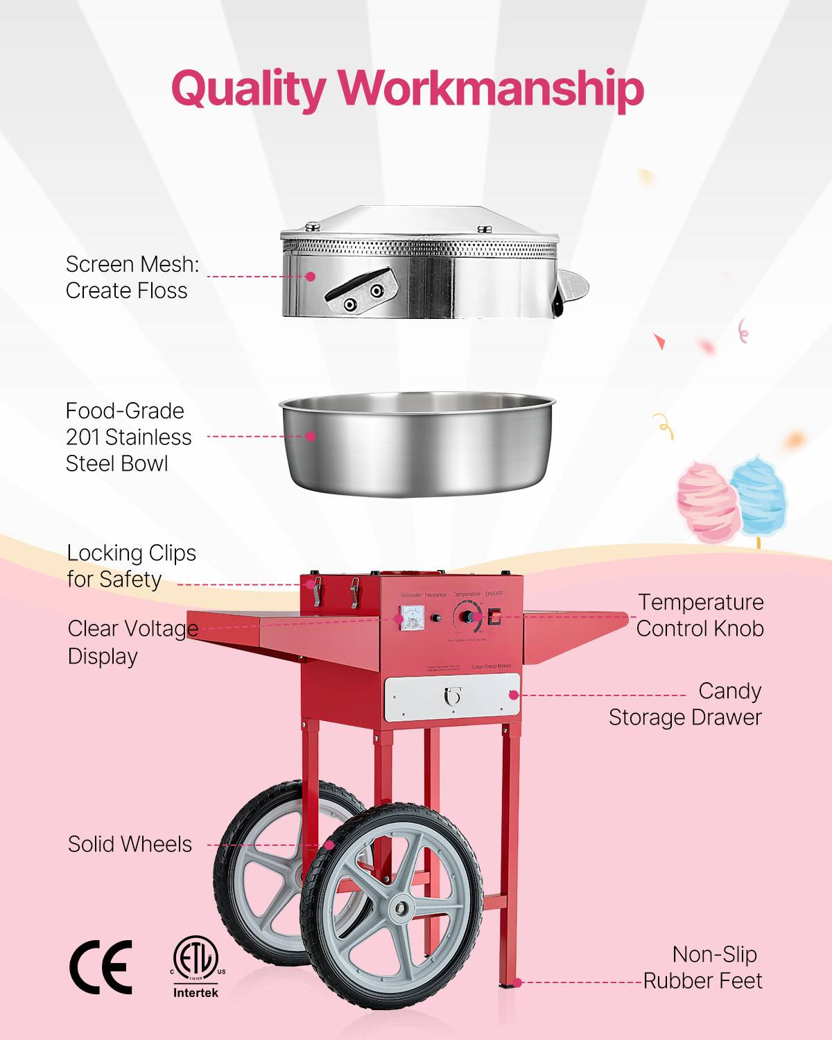 VEVOR Machine barbe à papa avec chariot, 1000 W, bol inox 52 cm. Commerciale, fêtes, rouge. - Image 5