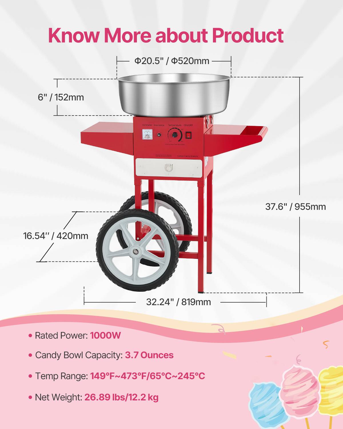 VEVOR Machine barbe à papa avec chariot, 1000 W, bol inox 52 cm. Commerciale, fêtes, rouge. - Image 7