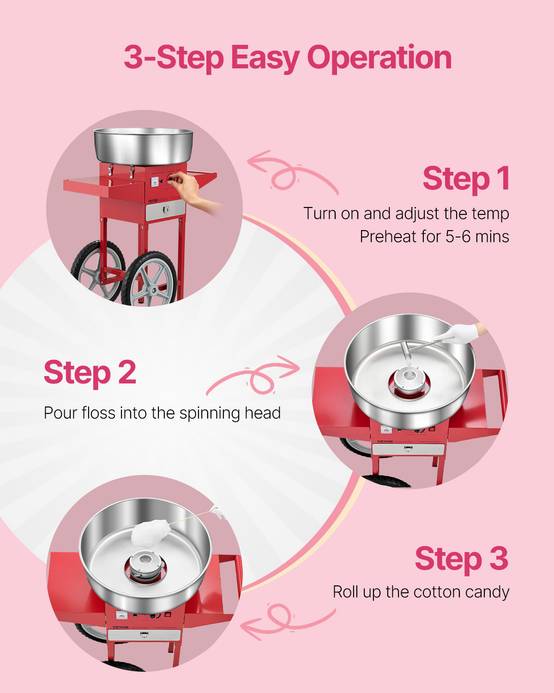 VEVOR Machine barbe à papa avec chariot, 1000 W, bol inox 52 cm. Commerciale, fêtes, rouge. - Image 3