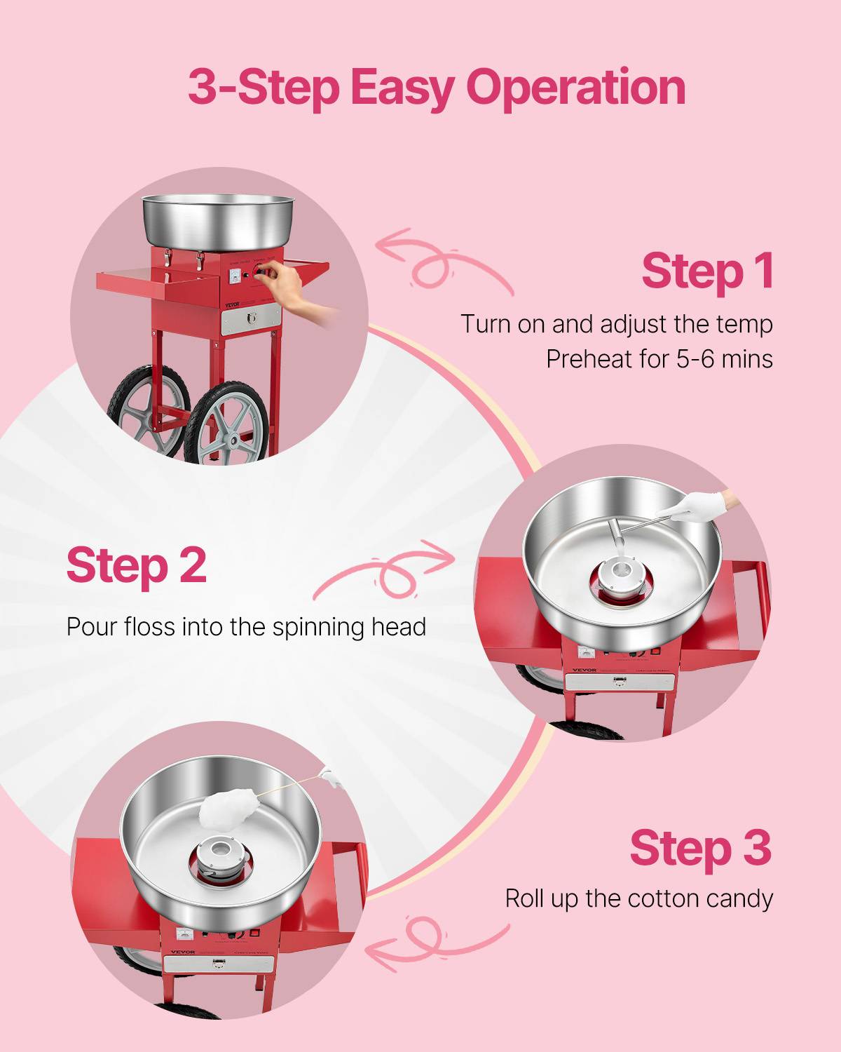 VEVOR Machine barbe à papa avec chariot, 1000 W, bol inox 52 cm. Commerciale, fêtes, rouge. - Image 3