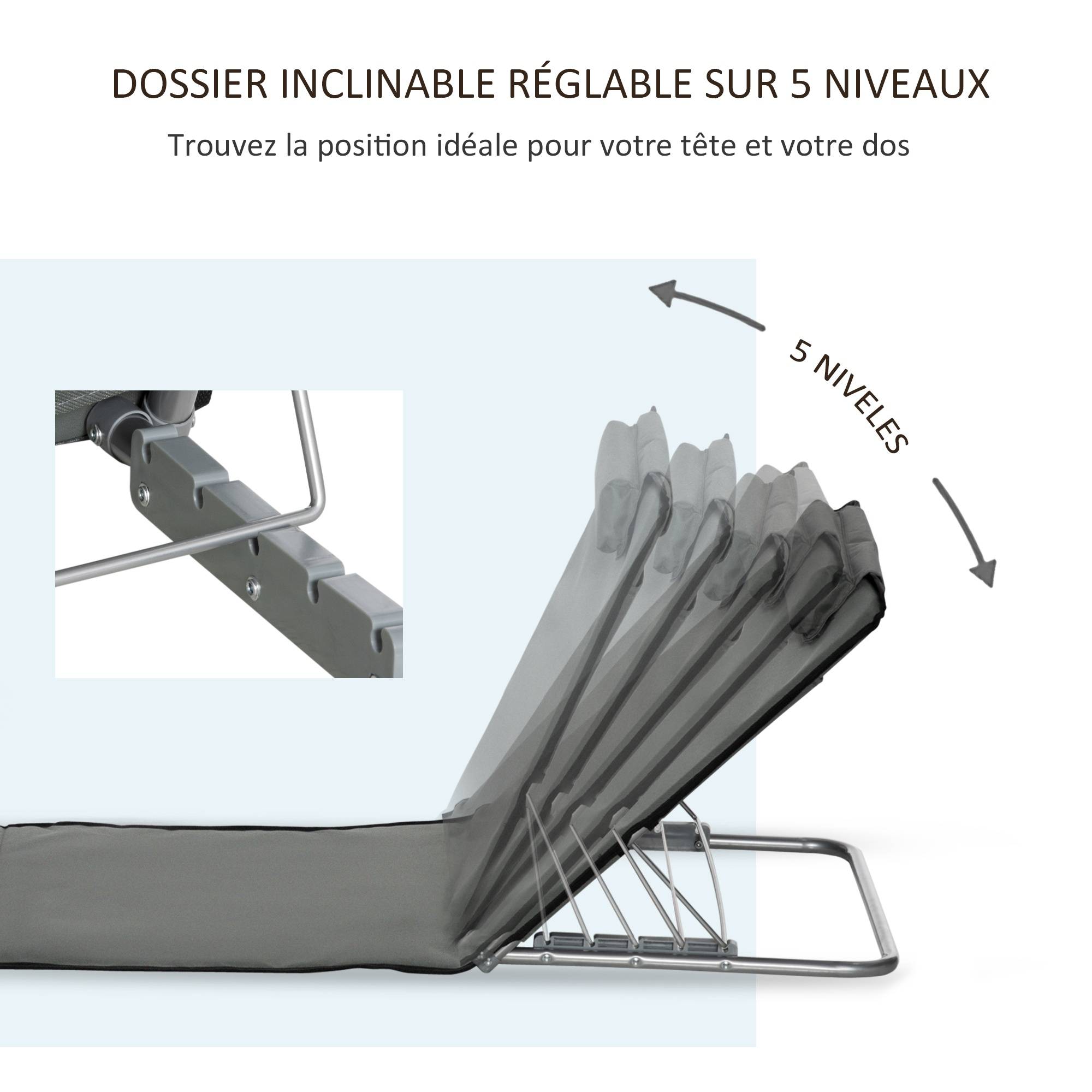 Outsunny - Lot de 2 tapis de plage rembourrés - dossier inclinable 5 positions - sac transport inclus - acier polyester gris - Outsunny - Image 4