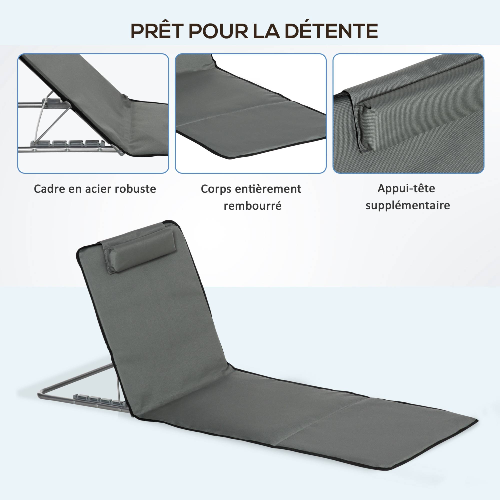 Outsunny - Lot de 2 tapis de plage rembourrés - dossier inclinable 5 positions - sac transport inclus - acier polyester gris - Outsunny - Image 6