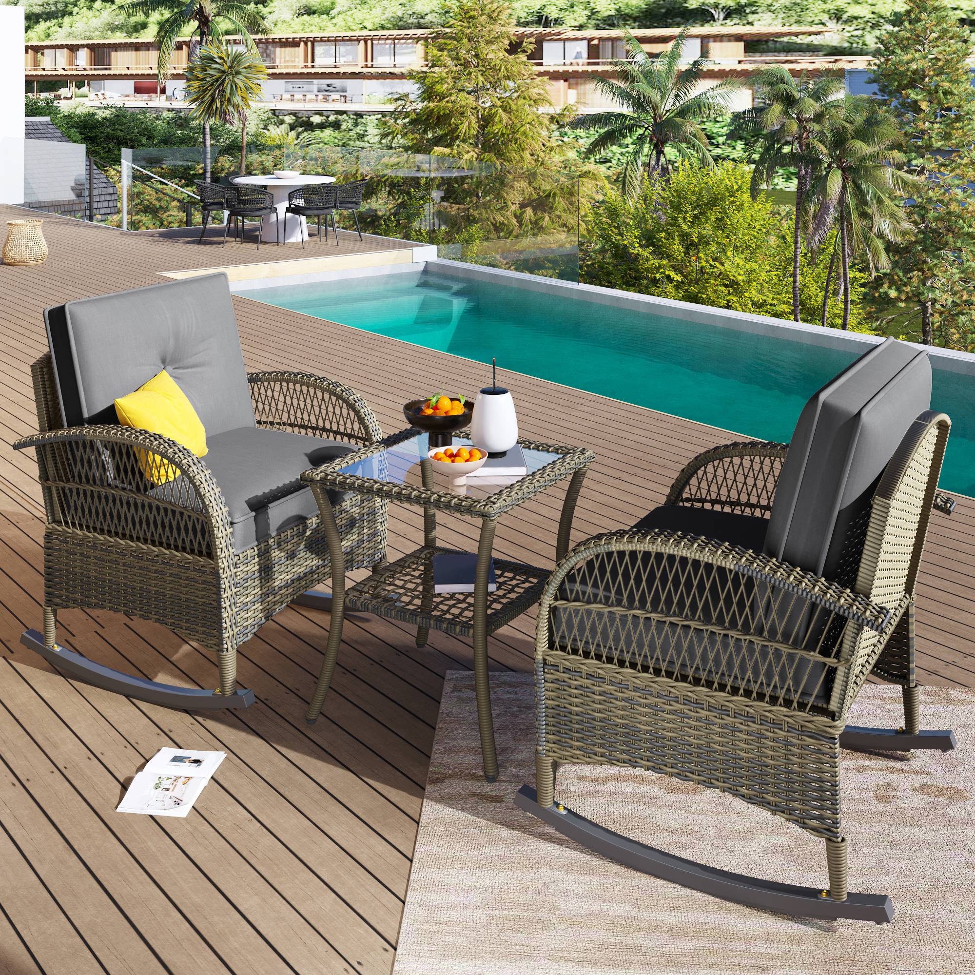 Salon de Jardin avec 2 Chaises à Bascule et 1 Table pour balcon Tissu Gris - Image 4