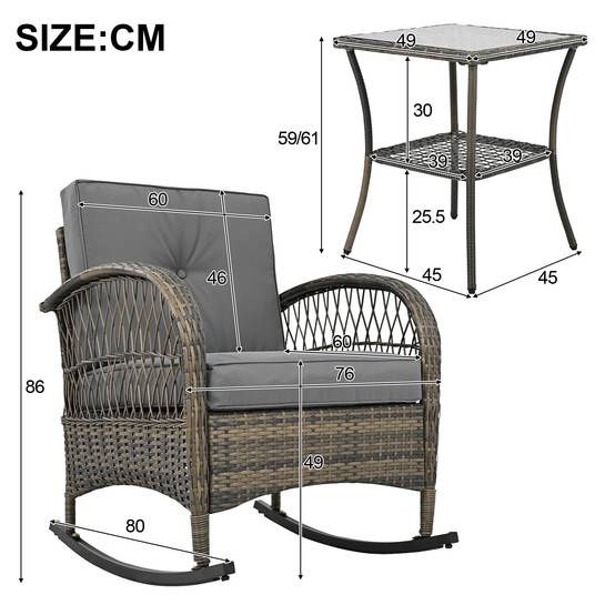 Salon de Jardin avec 2 Chaises à Bascule et 1 Table pour balcon Tissu Gris - Image 5