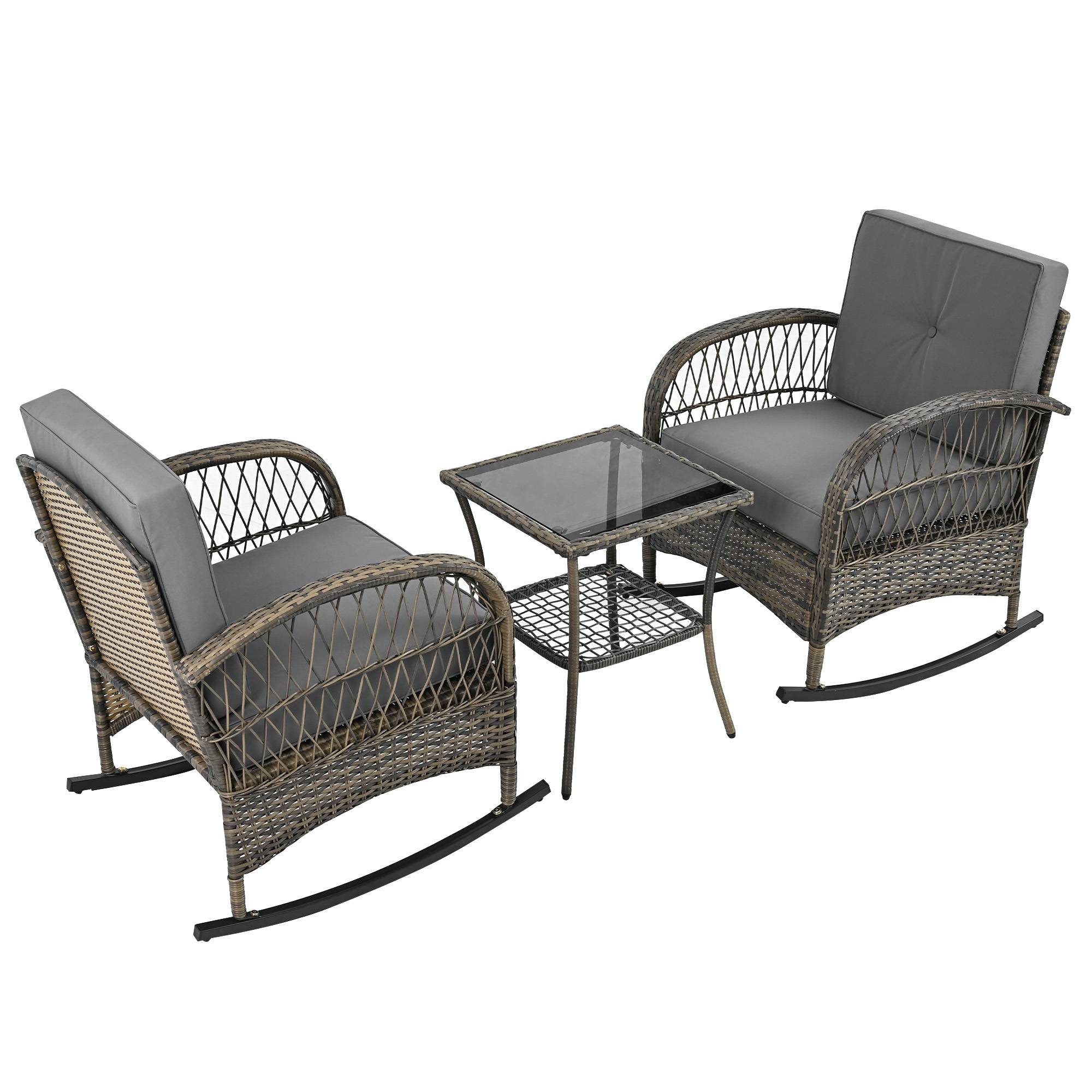 Salon de Jardin avec 2 Chaises à Bascule et 1 Table pour balcon Tissu Gris - Image 1