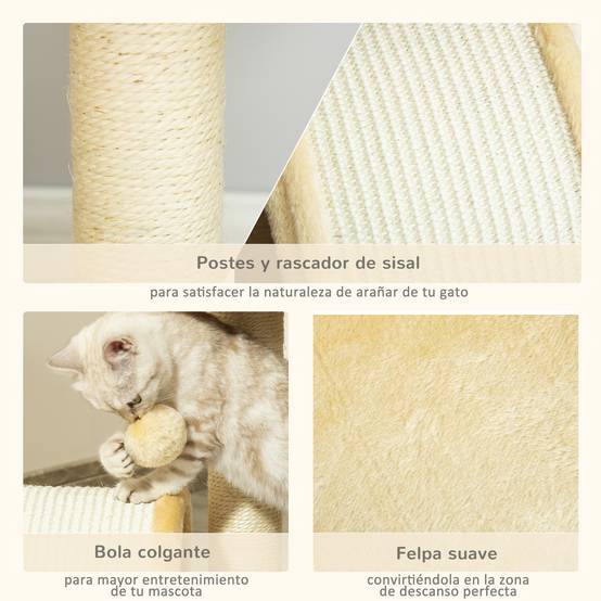 Arbre à chat pour petits chats, hauteur 46 cm, 2 niveaux, avec griffoir, planche, plateformes et balle suspendue, 35,5 x 37 x 46 cm, beige - Image 7