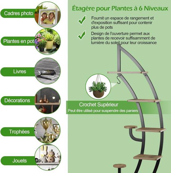 Costway - Support de Plante en Métal à 7 Niveaux, Étagère à Fleurs avec Crochet, Porte Plantes en Forme de Demi-lune, 60 x 30 x 155 CM, Marron - Image 7