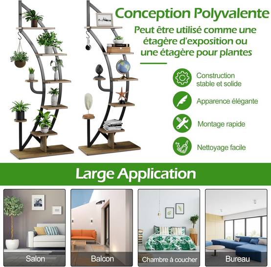 Costway - Support de Plante en Métal à 7 Niveaux, Étagère à Fleurs avec Crochet, Porte Plantes en Forme de Demi-lune, 60 x 30 x 155 CM, Marron - Image 6