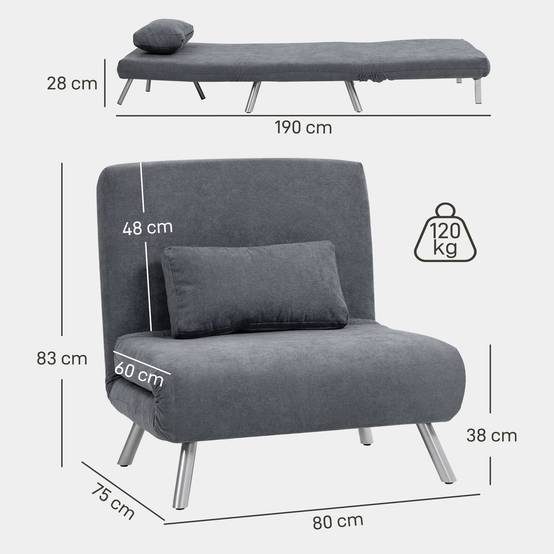 Fauteuil rembourré convertible en lit, modèle 3 en 1, fauteuil-lit, lit d'appoint, revêtement en tissu, avec coussins, gris foncé - Image 5