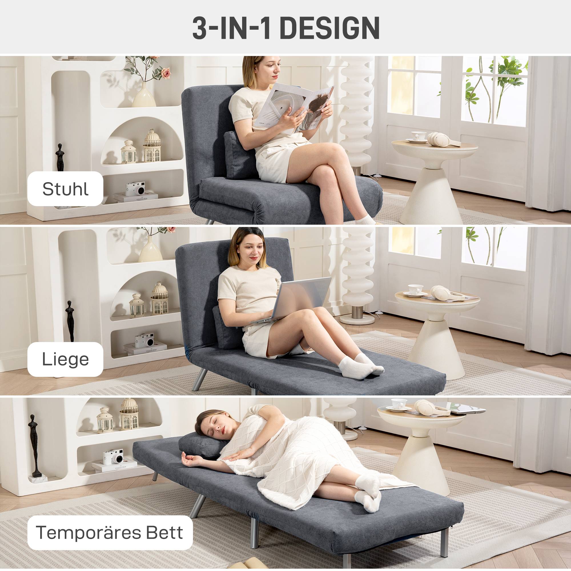 Fauteuil rembourré convertible en lit, modèle 3 en 1, fauteuil-lit, lit d'appoint, revêtement en tissu, avec coussins, gris foncé - Image 6