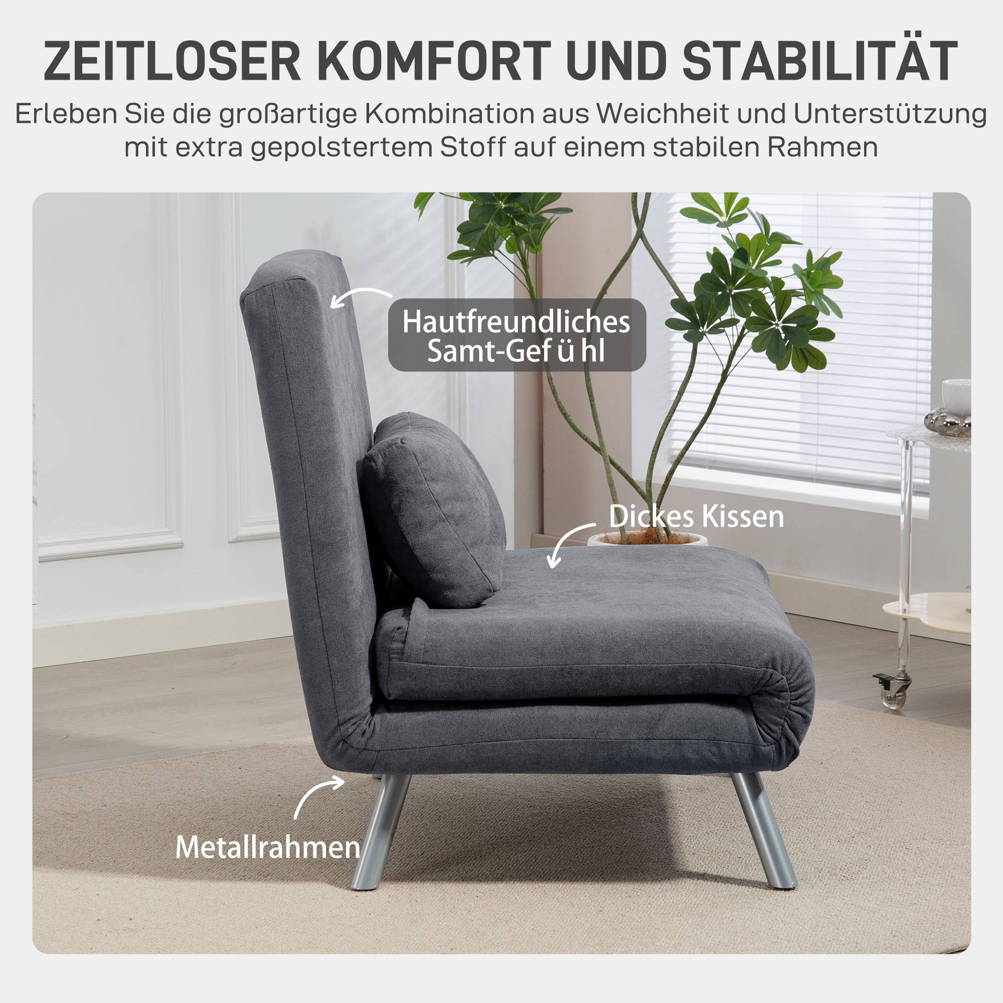 Fauteuil rembourré convertible en lit, modèle 3 en 1, fauteuil-lit, lit d'appoint, revêtement en tissu, avec coussins, gris foncé - Image 8