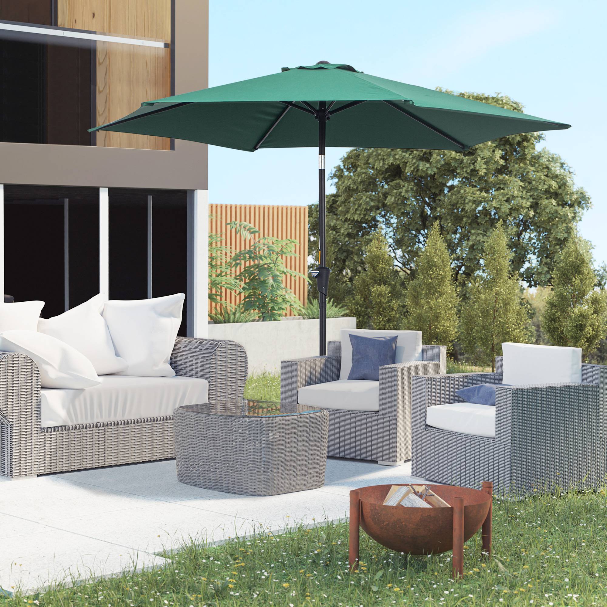 Parasol de jardin en aluminium vert, Ø 260 x 235 cm, inclinable, avec manivelle et 6 baleines métalliques, idéal pour terrasse ou balcon. - Image 4