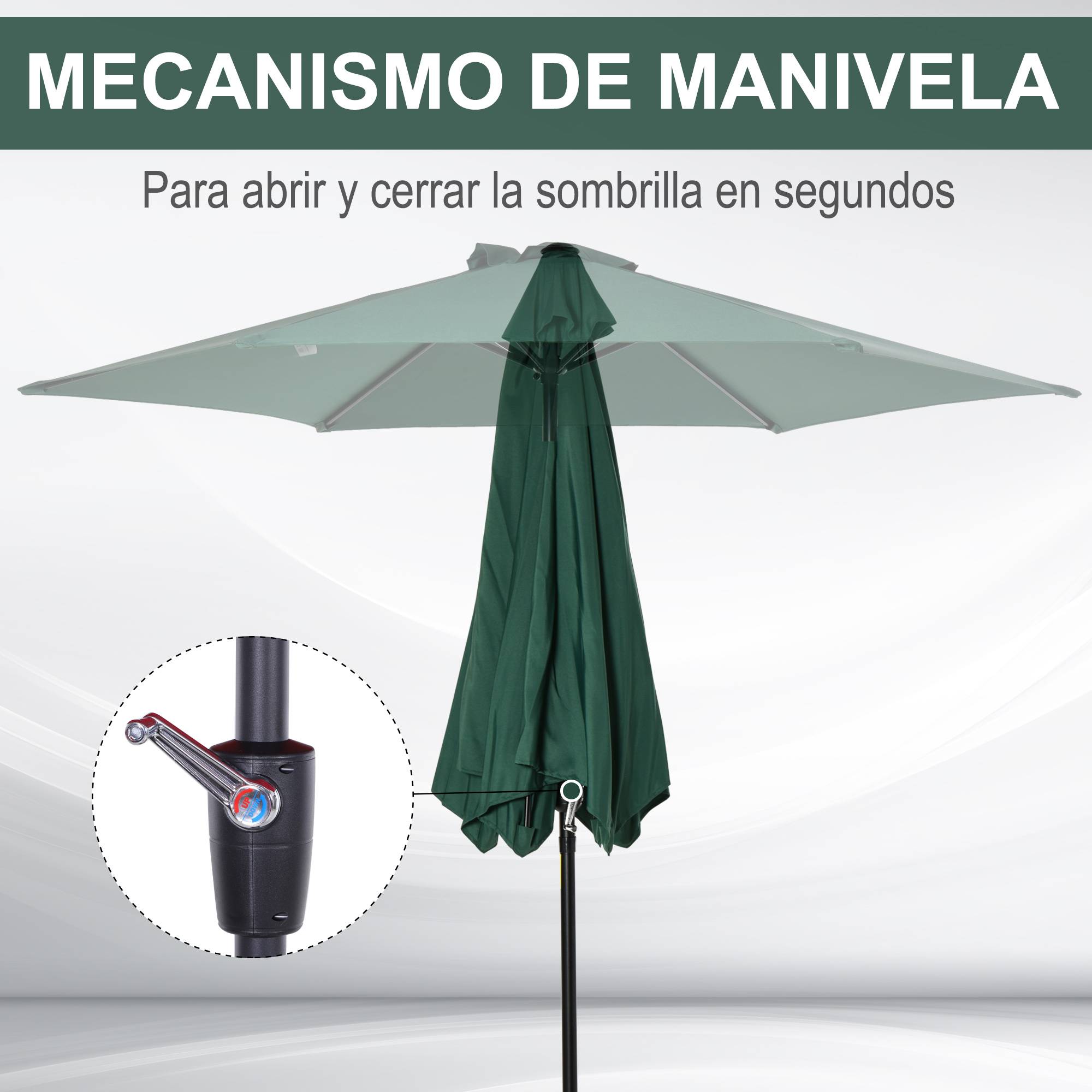 Parasol de jardin en aluminium vert, Ø 260 x 235 cm, inclinable, avec manivelle et 6 baleines métalliques, idéal pour terrasse ou balcon. - Image 7