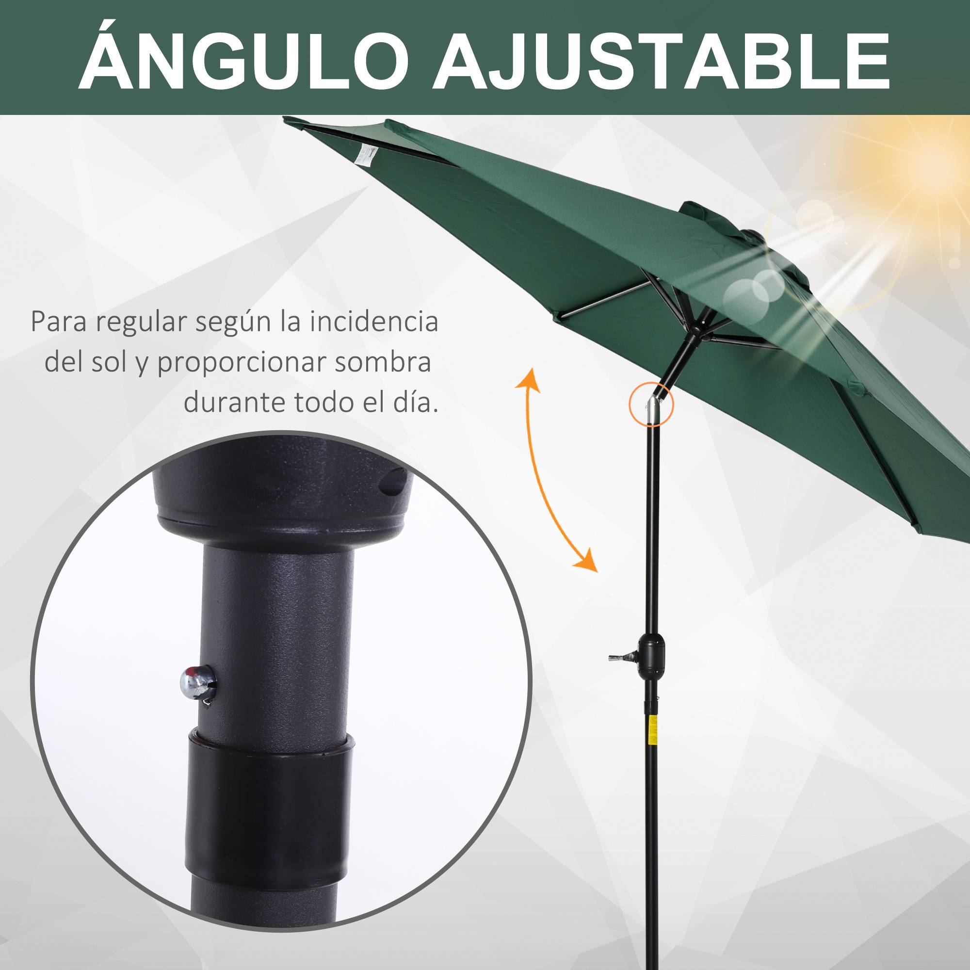 Parasol de jardin en aluminium vert, Ø 260 x 235 cm, inclinable, avec manivelle et 6 baleines métalliques, idéal pour terrasse ou balcon. - Image 6