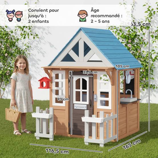 Cabane enfant extérieur en bois, maison enfant extérieure/intérieure avec chatière, cuisine de jeu, marron - Image 4