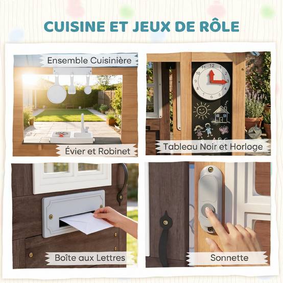 Cabane enfant extérieur en bois, maison enfant extérieure/intérieure avec chatière, cuisine de jeu, marron - Image 5