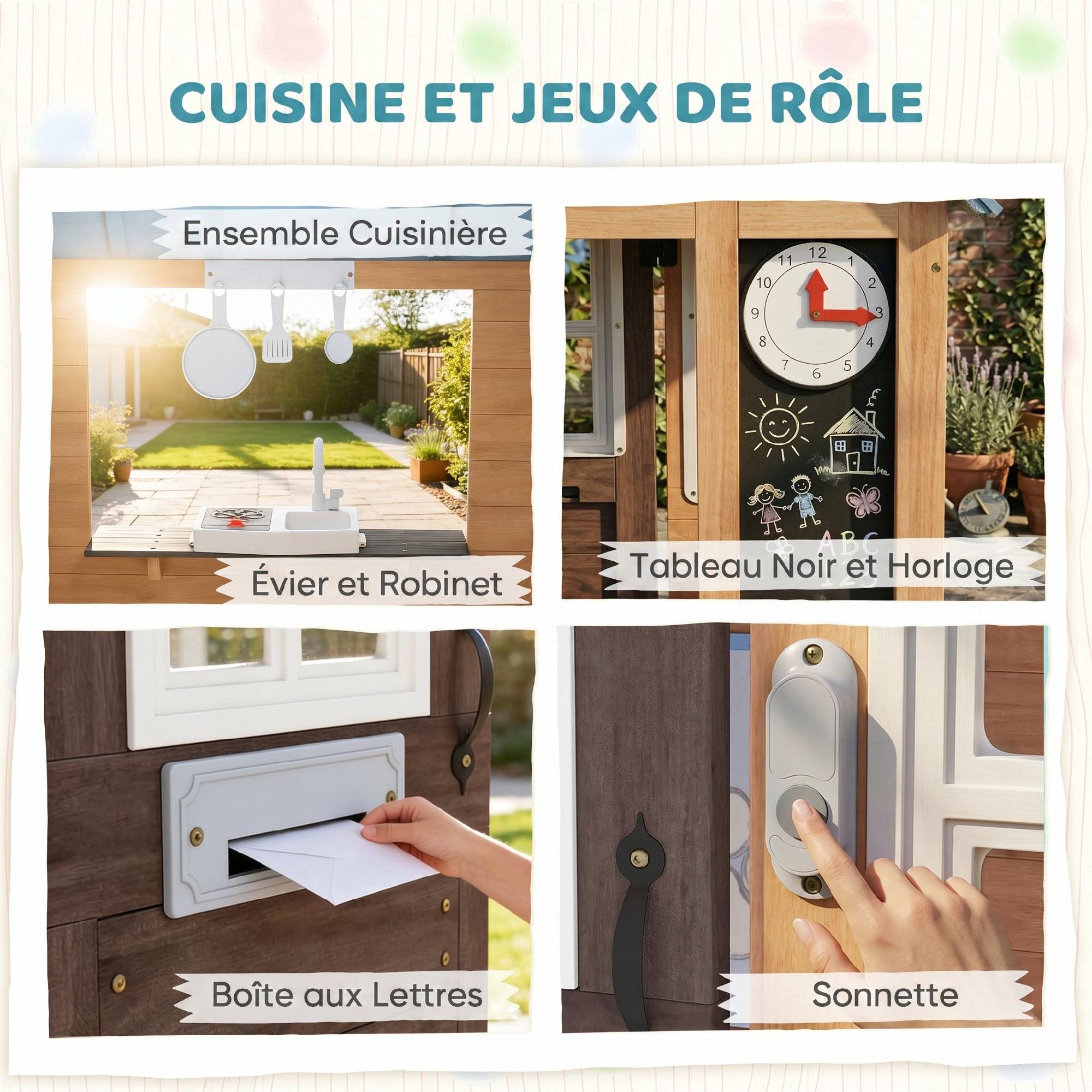 Cabane enfant extérieur en bois, maison enfant extérieure/intérieure avec chatière, cuisine de jeu, marron - Image 5