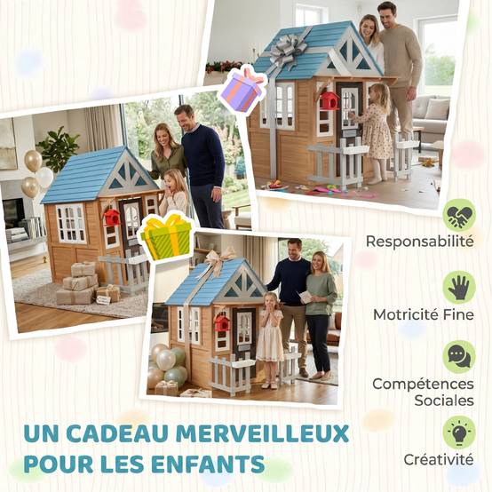 Cabane enfant extérieur en bois, maison enfant extérieure/intérieure avec chatière, cuisine de jeu, marron - Image 8