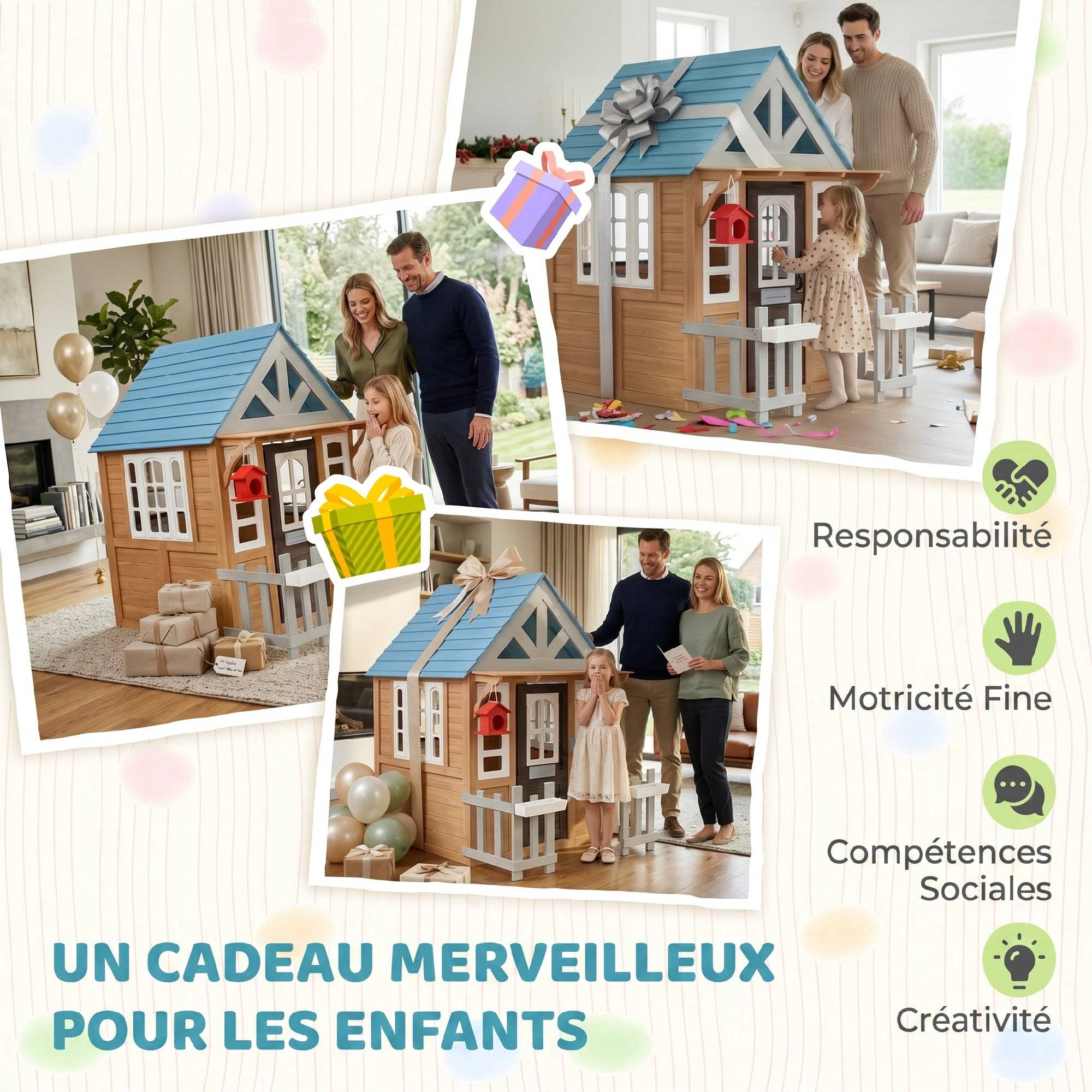 Cabane enfant extérieur en bois, maison enfant extérieure/intérieure avec chatière, cuisine de jeu, marron - Image 8