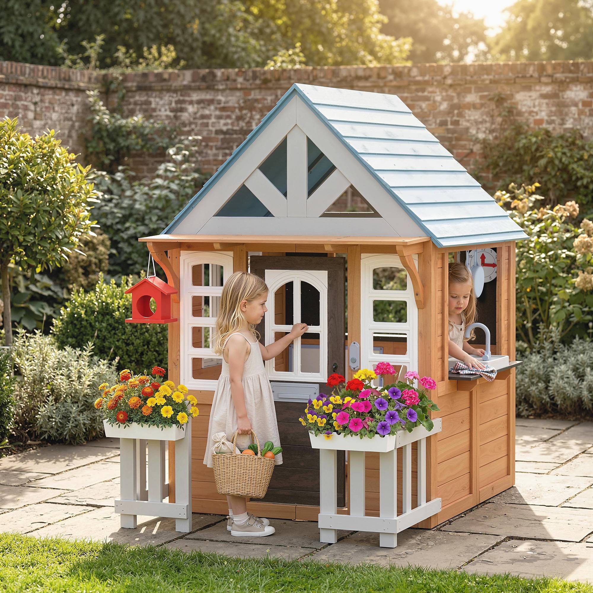 Cabane enfant extérieur en bois, maison enfant extérieure/intérieure avec chatière, cuisine de jeu, marron - Image 3