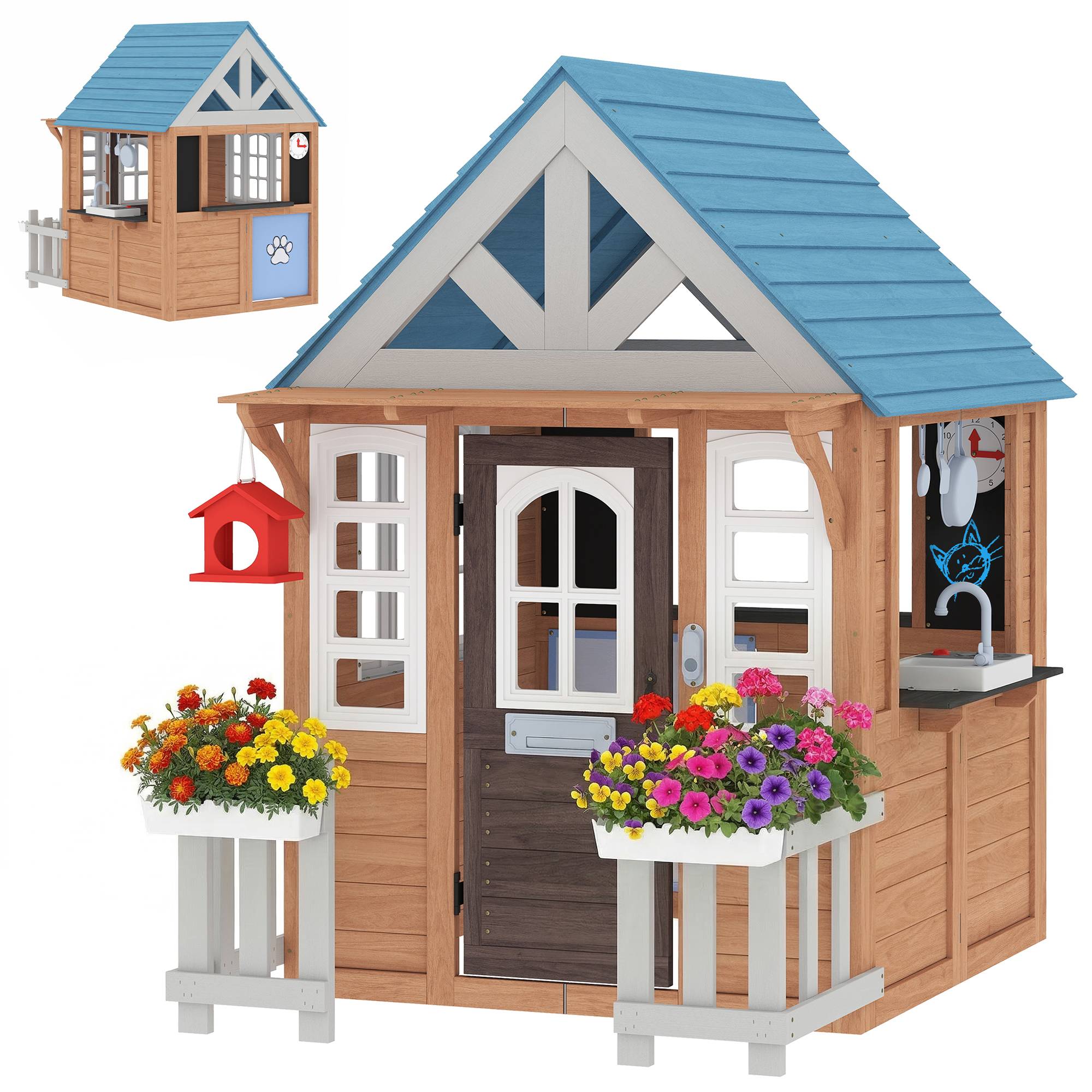 Cabane enfant extérieur en bois, maison enfant extérieure/intérieure avec chatière, cuisine de jeu, marron - Image 1