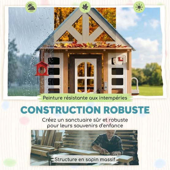 Cabane enfant extérieur en bois, maison enfant extérieure/intérieure avec chatière, cuisine de jeu, marron - Image 7