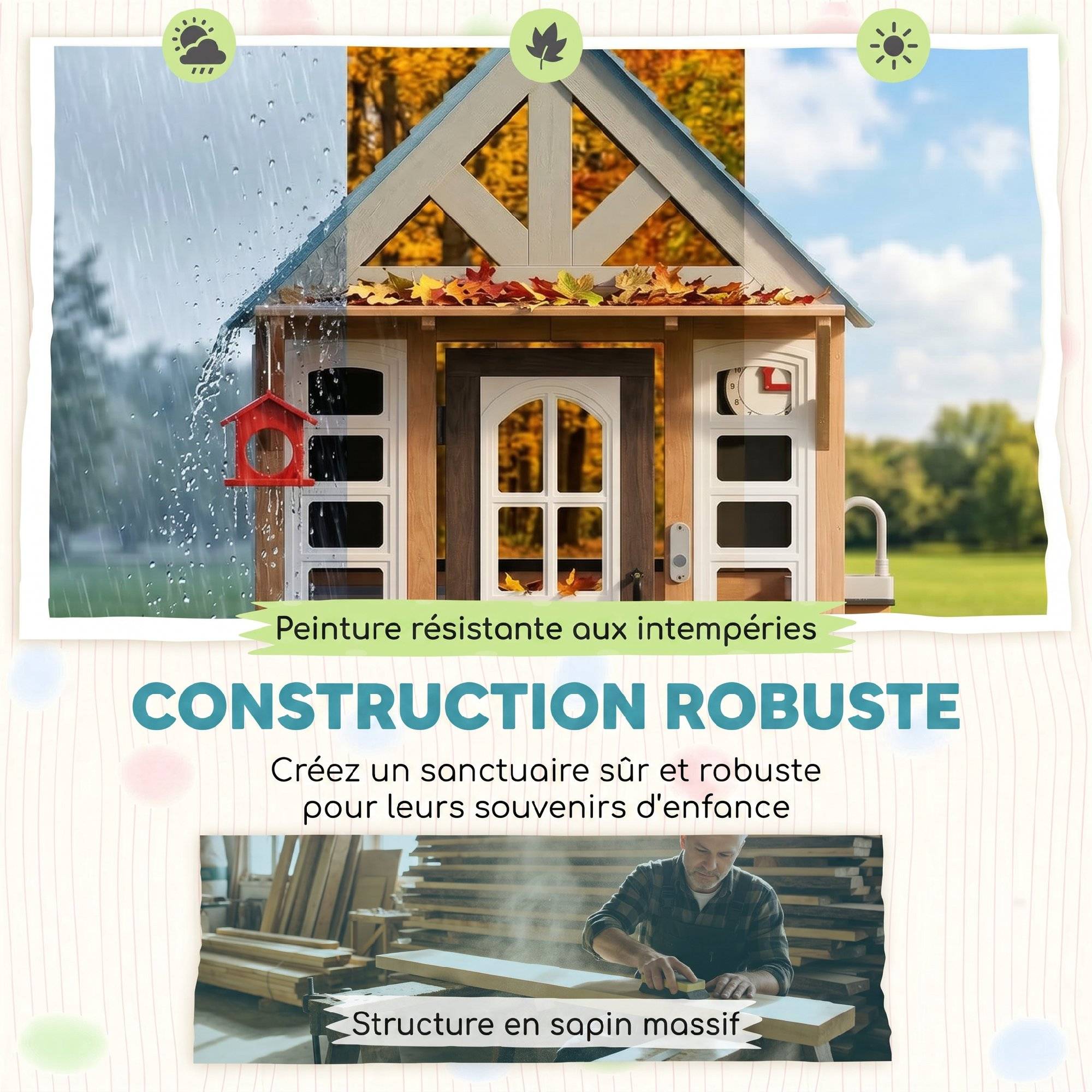 Cabane enfant extérieur en bois, maison enfant extérieure/intérieure avec chatière, cuisine de jeu, marron - Image 7