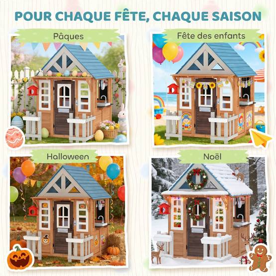 Cabane enfant extérieur en bois, maison enfant extérieure/intérieure avec chatière, cuisine de jeu, marron - Image 9