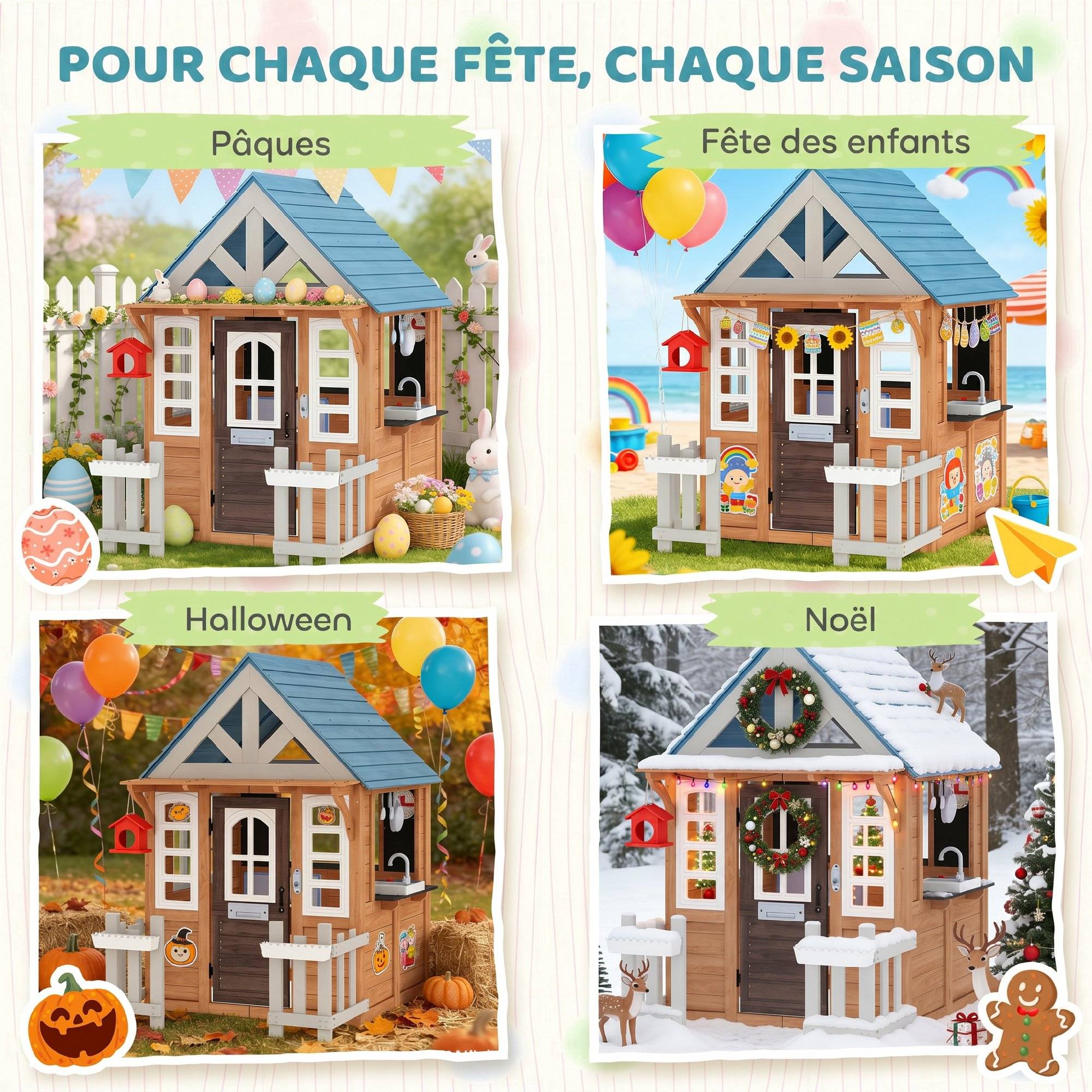 Cabane enfant extérieur en bois, maison enfant extérieure/intérieure avec chatière, cuisine de jeu, marron - Image 9