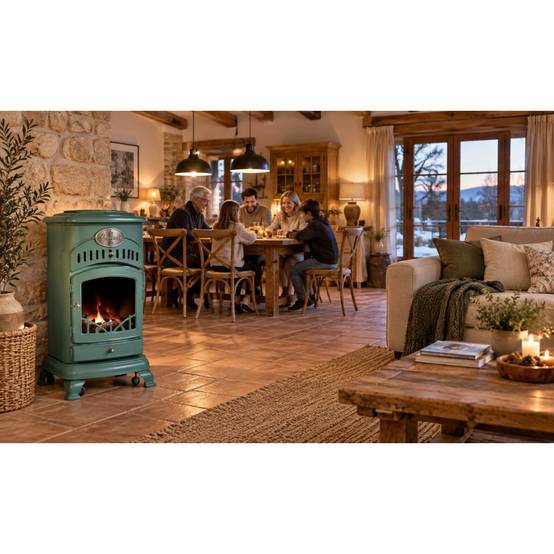 Pack de 2 Poêles à gaz Provence Vert en fonte 3,4KW Effet feu de bois Chauffage d'appoint gaz sur roues Sahara - Image 5