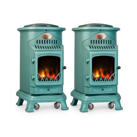 Pack de 2 Poêles à gaz Provence Vert en fonte 3,4KW Effet feu de bois Chauffage d'appoint gaz sur roues Sahara - Image 1