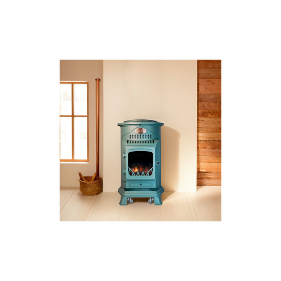 Pack de 2 Poêles à gaz Provence Vert en fonte 3,4KW Effet feu de bois Chauffage d'appoint gaz sur roues Sahara - Image 9