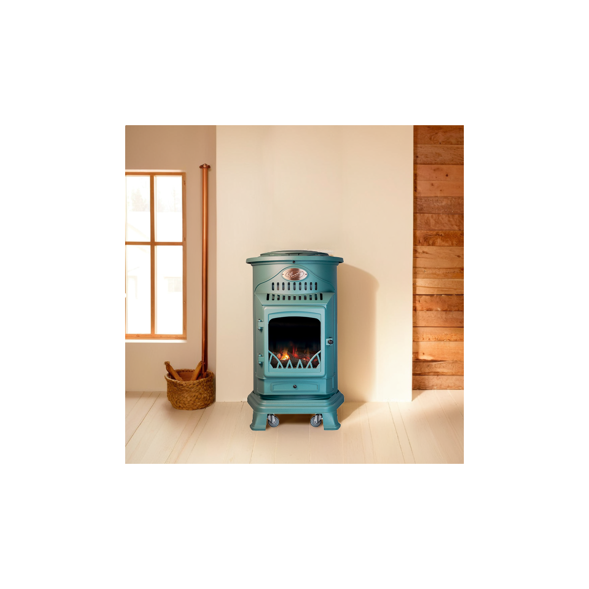 Pack de 2 Poêles à gaz Provence Vert en fonte 3,4KW Effet feu de bois Chauffage d'appoint gaz sur roues Sahara - Image 9
