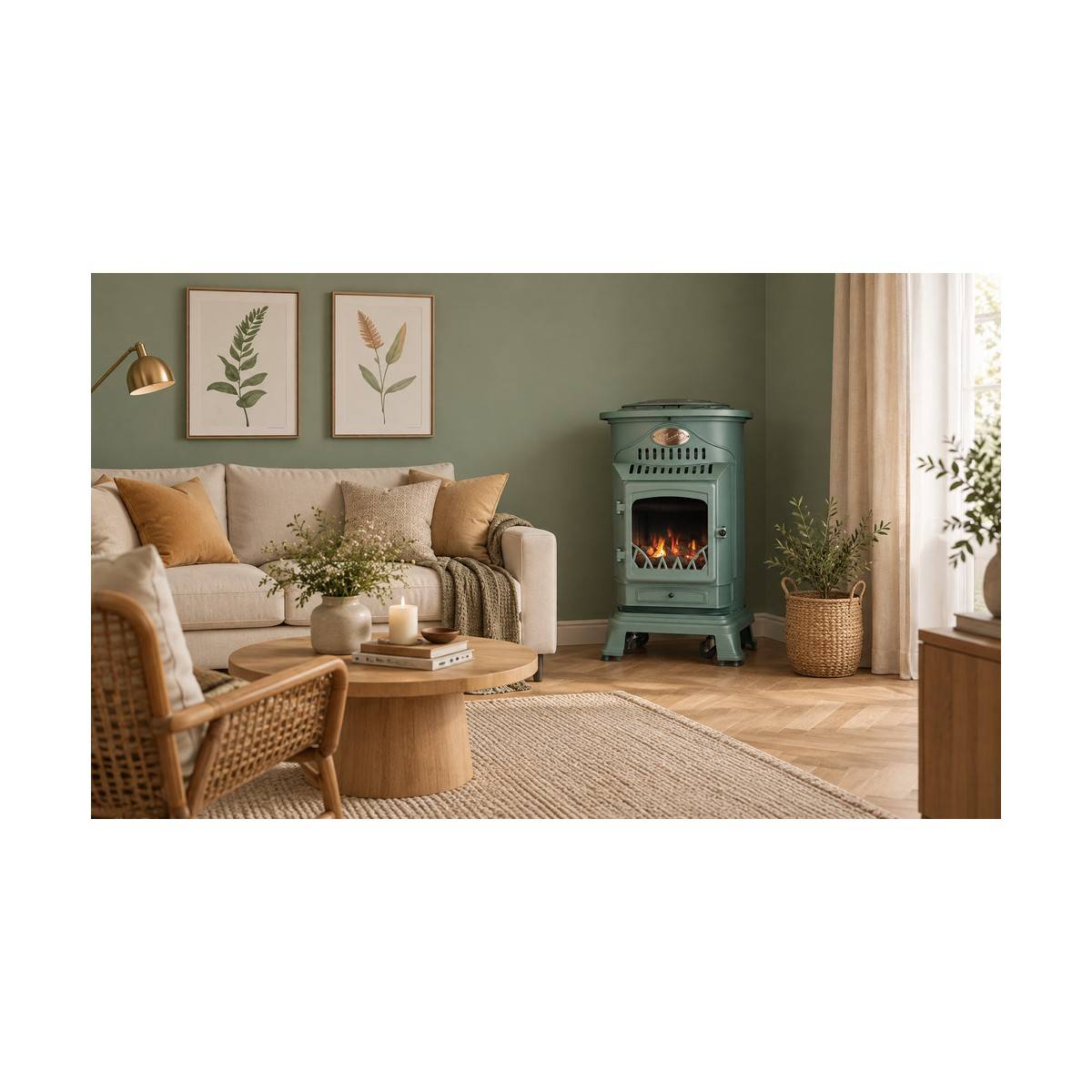 Pack de 2 Poêles à gaz Provence Vert en fonte 3,4KW Effet feu de bois Chauffage d'appoint gaz sur roues Sahara - Image 10