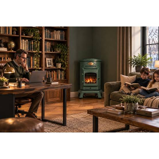 Pack de 2 Poêles à gaz Provence Vert en fonte 3,4KW Effet feu de bois Chauffage d'appoint gaz sur roues Sahara - Image 6