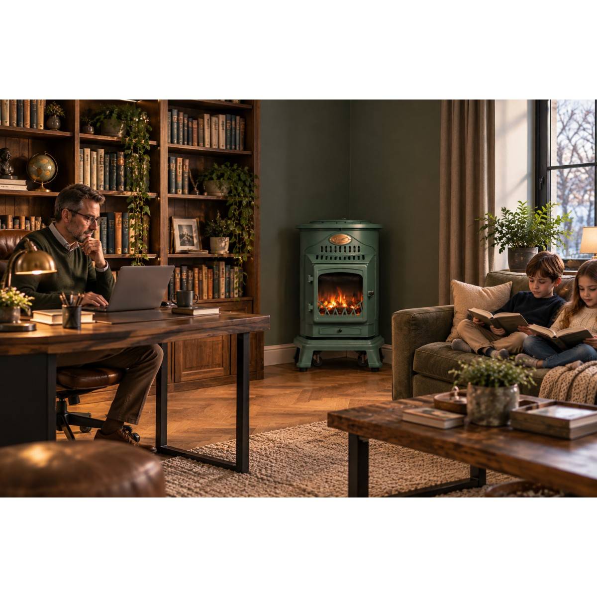 Pack de 2 Poêles à gaz Provence Vert en fonte 3,4KW Effet feu de bois Chauffage d'appoint gaz sur roues Sahara - Image 6