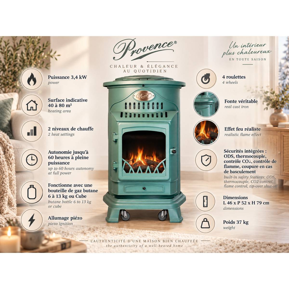 Pack de 2 Poêles à gaz Provence Vert en fonte 3,4KW Effet feu de bois Chauffage d'appoint gaz sur roues Sahara - Image 4
