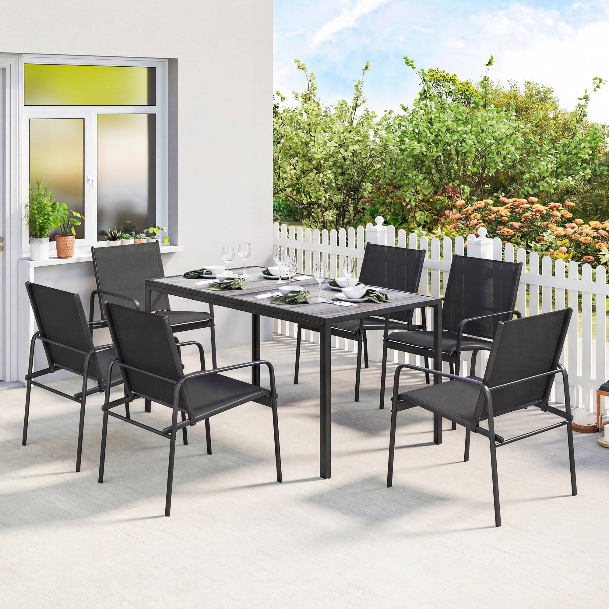 Outsunny - Salon de jardin 7 pièces 6 personnes - table effet bois - acier et maille - noir - Outsunny - Image 6
