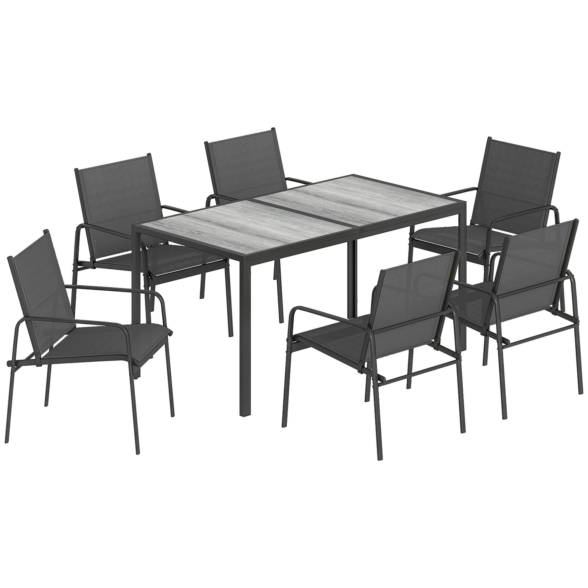 Outsunny - Salon de jardin 7 pièces 6 personnes - table effet bois - acier et maille - noir - Outsunny - Image 1
