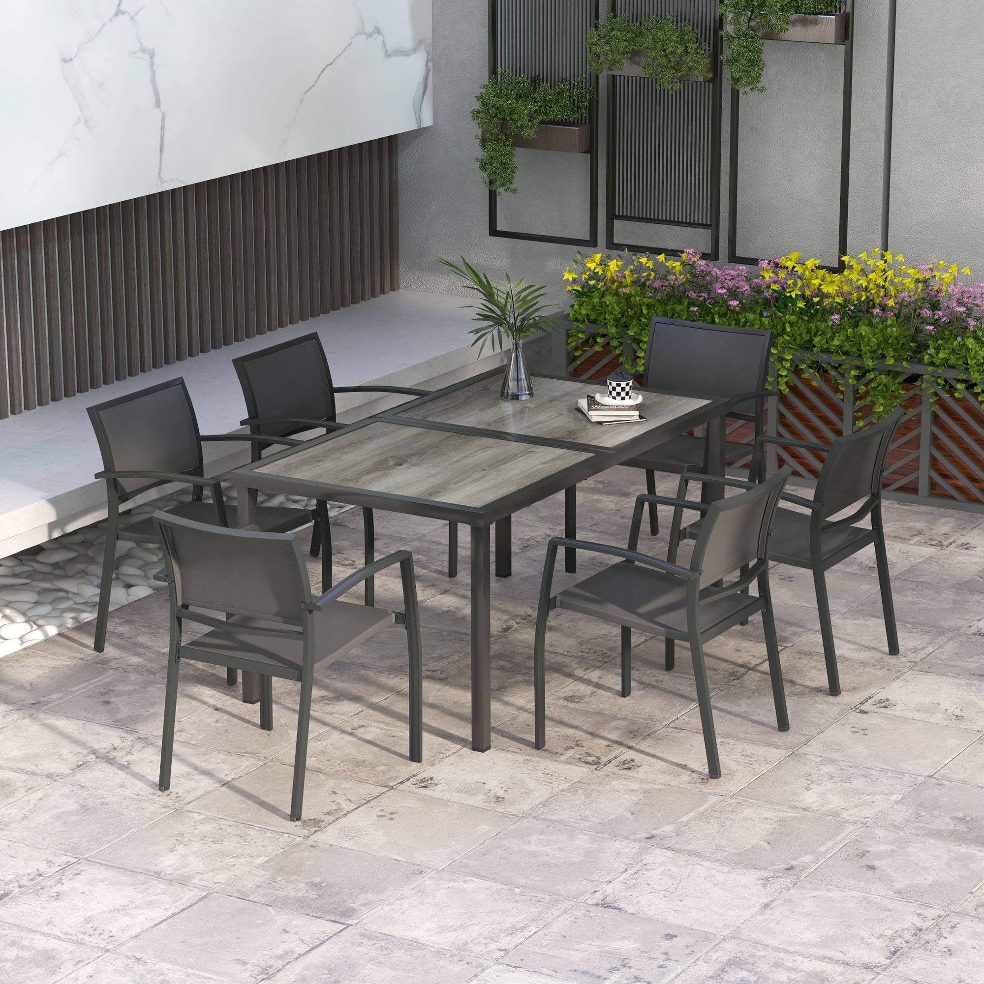 Outsunny - Ensemble salon de jardin 6 places 7 pièces avec table à manger acier textilène aspect bois gris - Image 2