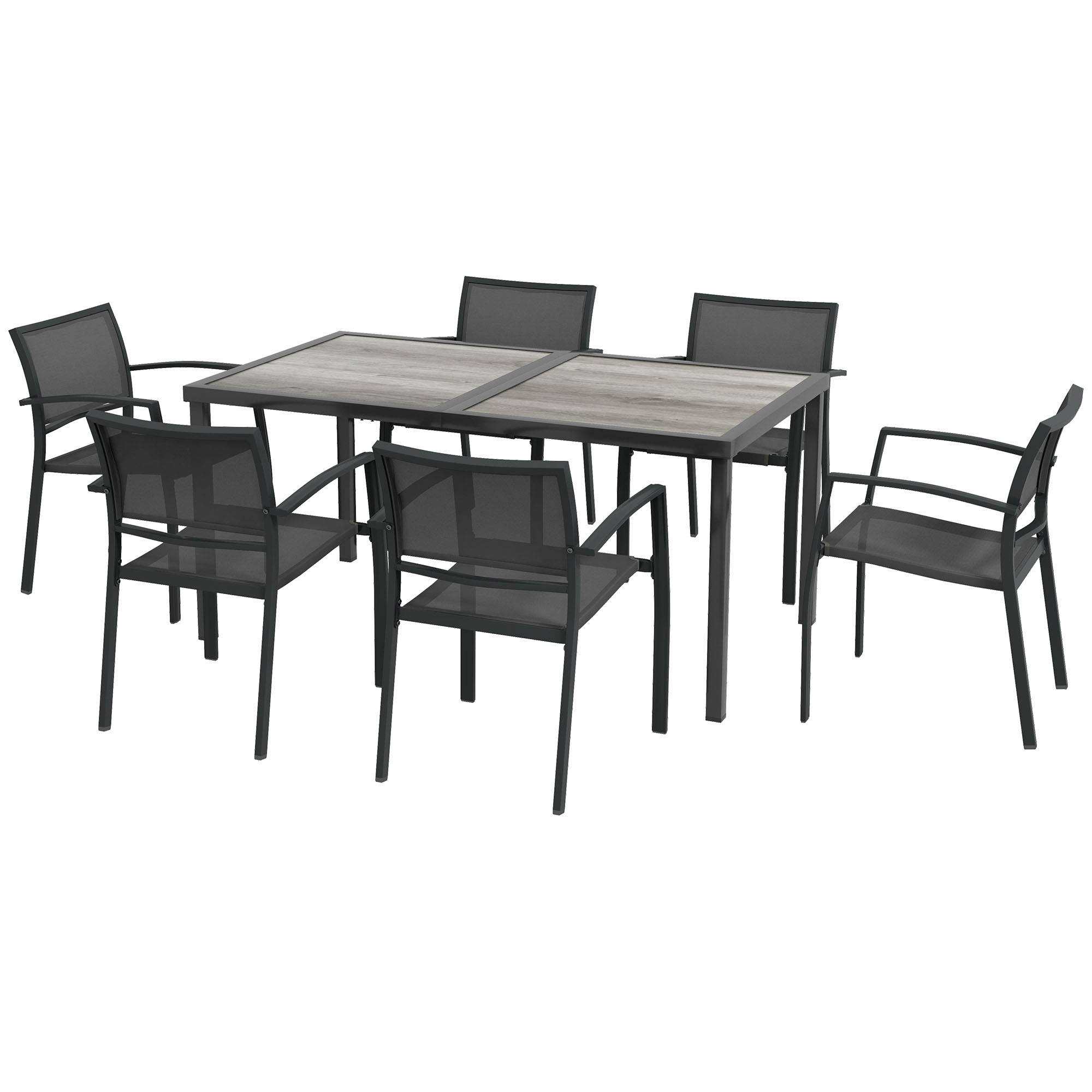 Outsunny - Ensemble salon de jardin 6 places 7 pièces avec table à manger acier textilène aspect bois gris - Image 1