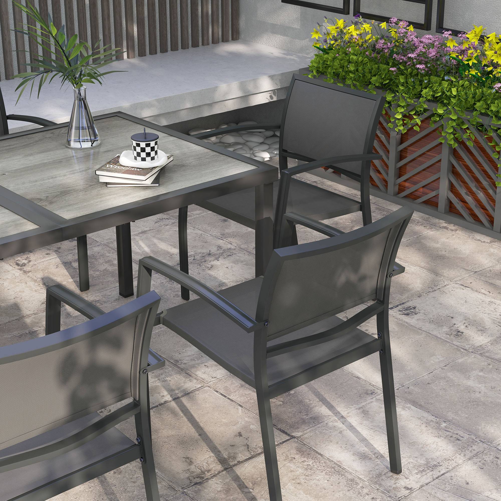 Outsunny - Ensemble salon de jardin 6 places 7 pièces avec table à manger acier textilène aspect bois gris - Image 4