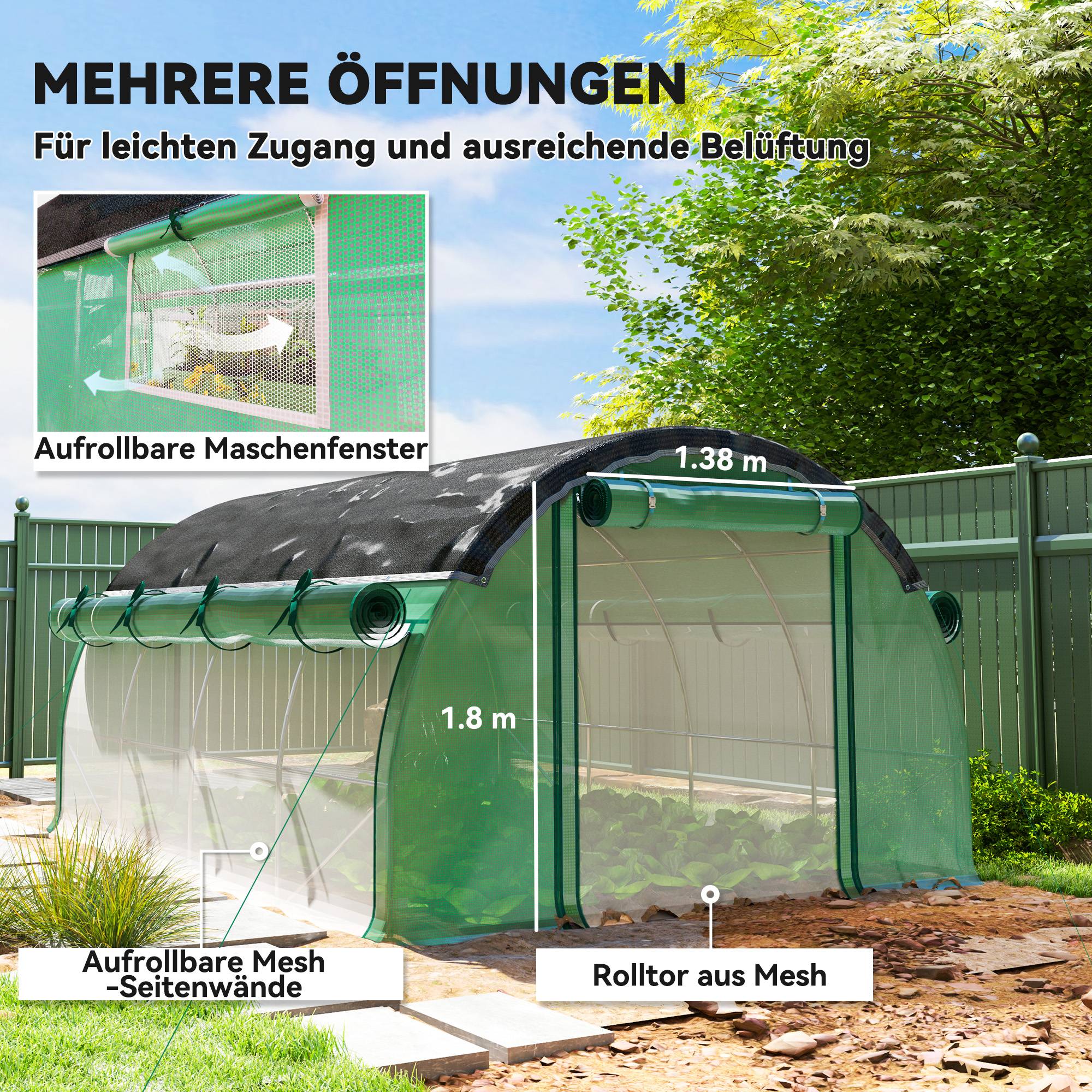 Sans Marque - Serre tunnel 4x3x2 m filet protection solaire parois enroulables acier bâche plastique verte serre potager jardin - Image 7