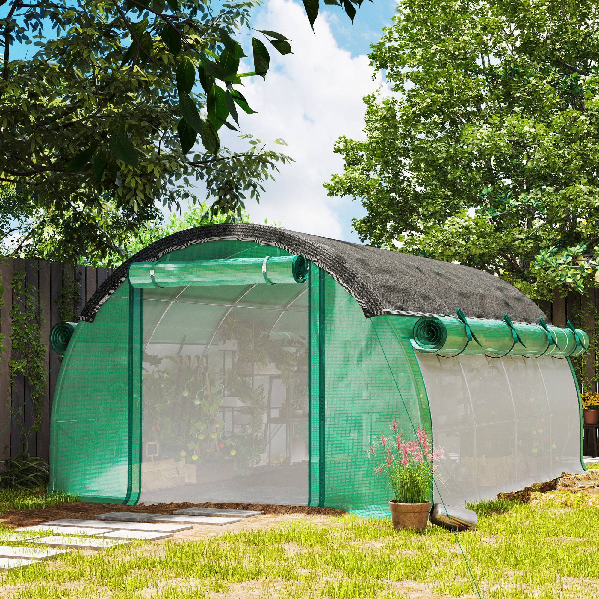 Sans Marque - Serre tunnel 4x3x2 m filet protection solaire parois enroulables acier bâche plastique verte serre potager jardin - Image 3