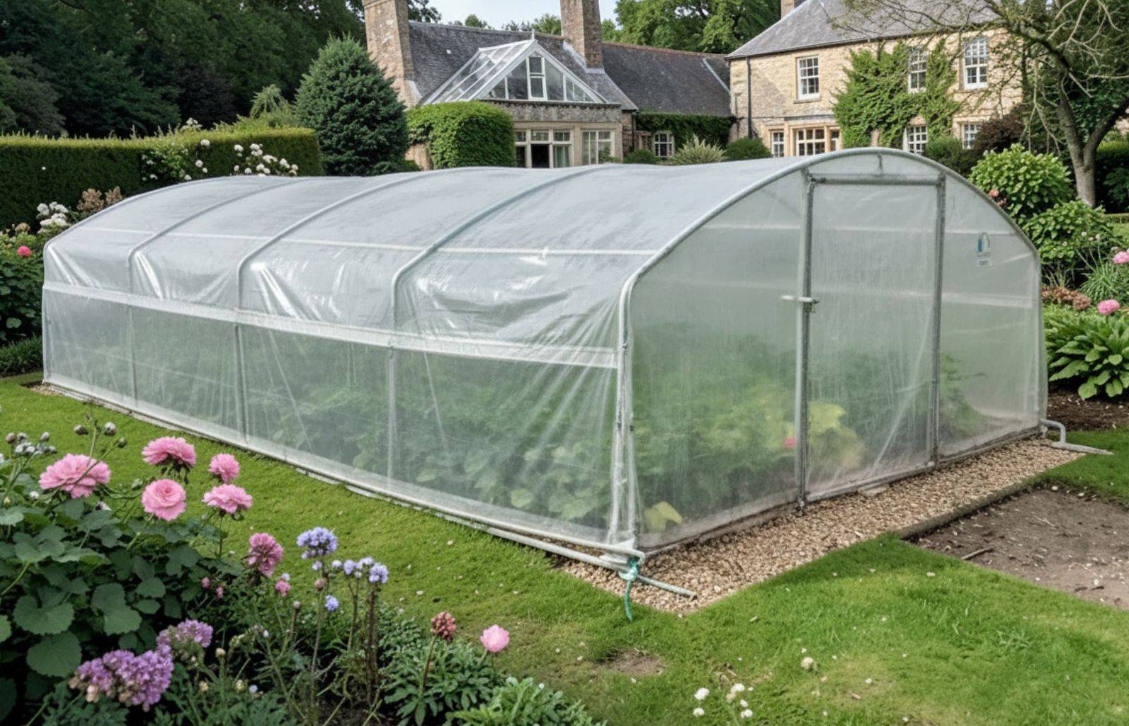 Serre de jardin - 24m² - 4 x 6m - hauteur 1,78m (sans déclaration) - pied droit 1,10m - PE haute densité - 1 porte pivotante - LES SERRES TONNEAU