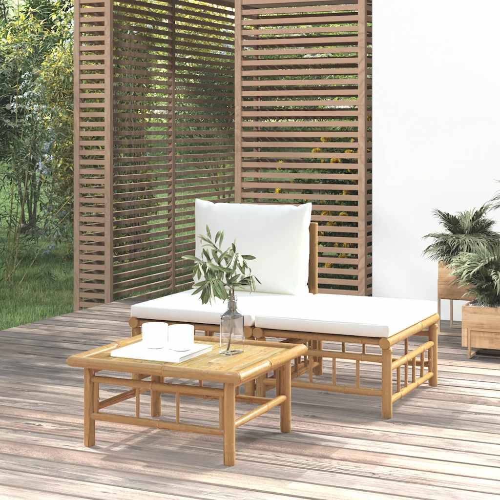 Salon de Jardin Bohème 3 Pièces Bambou Naturel avec Repose-pied et Coussins Blanc Crème – ComfortXL Outdoor Living - Image 1