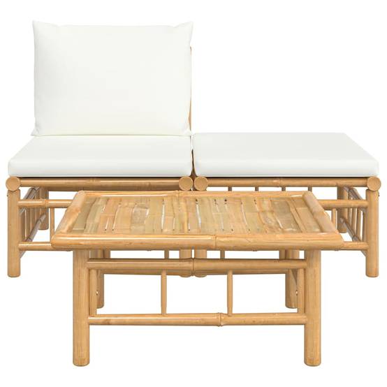 Salon de Jardin Bohème 3 Pièces Bambou Naturel avec Repose-pied et Coussins Blanc Crème – ComfortXL Outdoor Living - Image 3