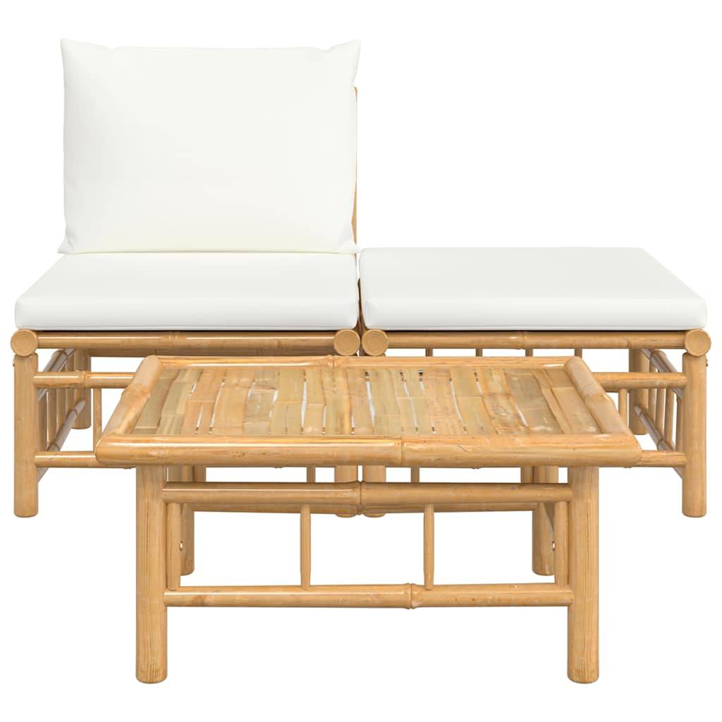 Salon de Jardin Bohème 3 Pièces Bambou Naturel avec Repose-pied et Coussins Blanc Crème – ComfortXL Outdoor Living - Image 3