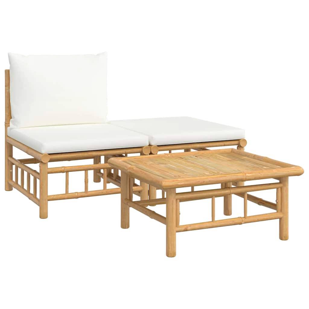 Salon de Jardin Bohème 3 Pièces Bambou Naturel avec Repose-pied et Coussins Blanc Crème – ComfortXL Outdoor Living - Image 2